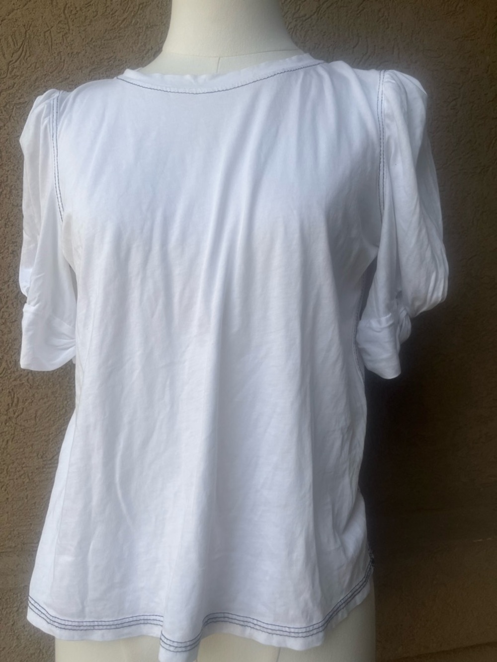 Buru Women's White Puff Sleeve Blouse with Contrast Stitching